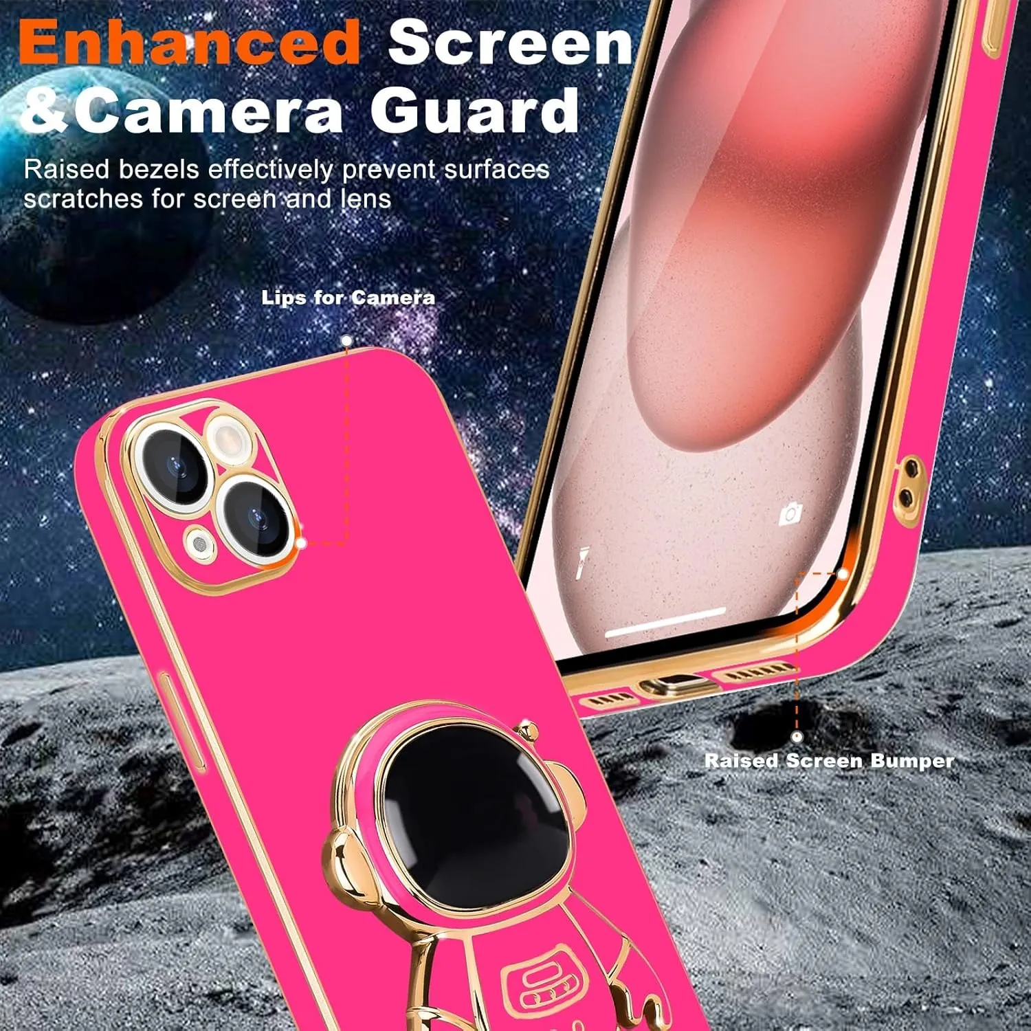 iPhone 16 Case Cute 3D Astronaut Stand Bling Silicone Soft Phone Back Cover Hot Pink