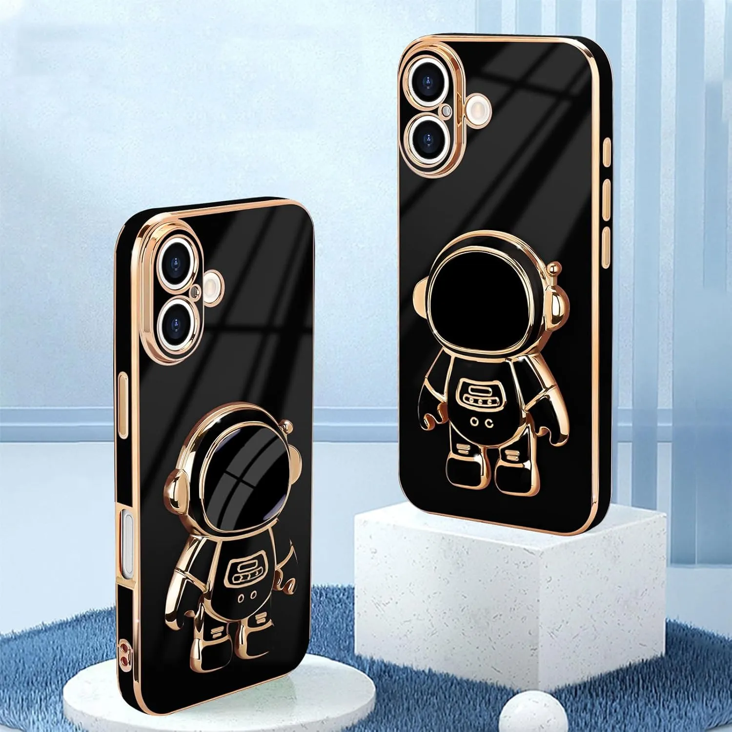 iPhone 16 Case Cute 3D Astronaut Stand Bling Silicone Soft Phone Back Cover Hot Pink