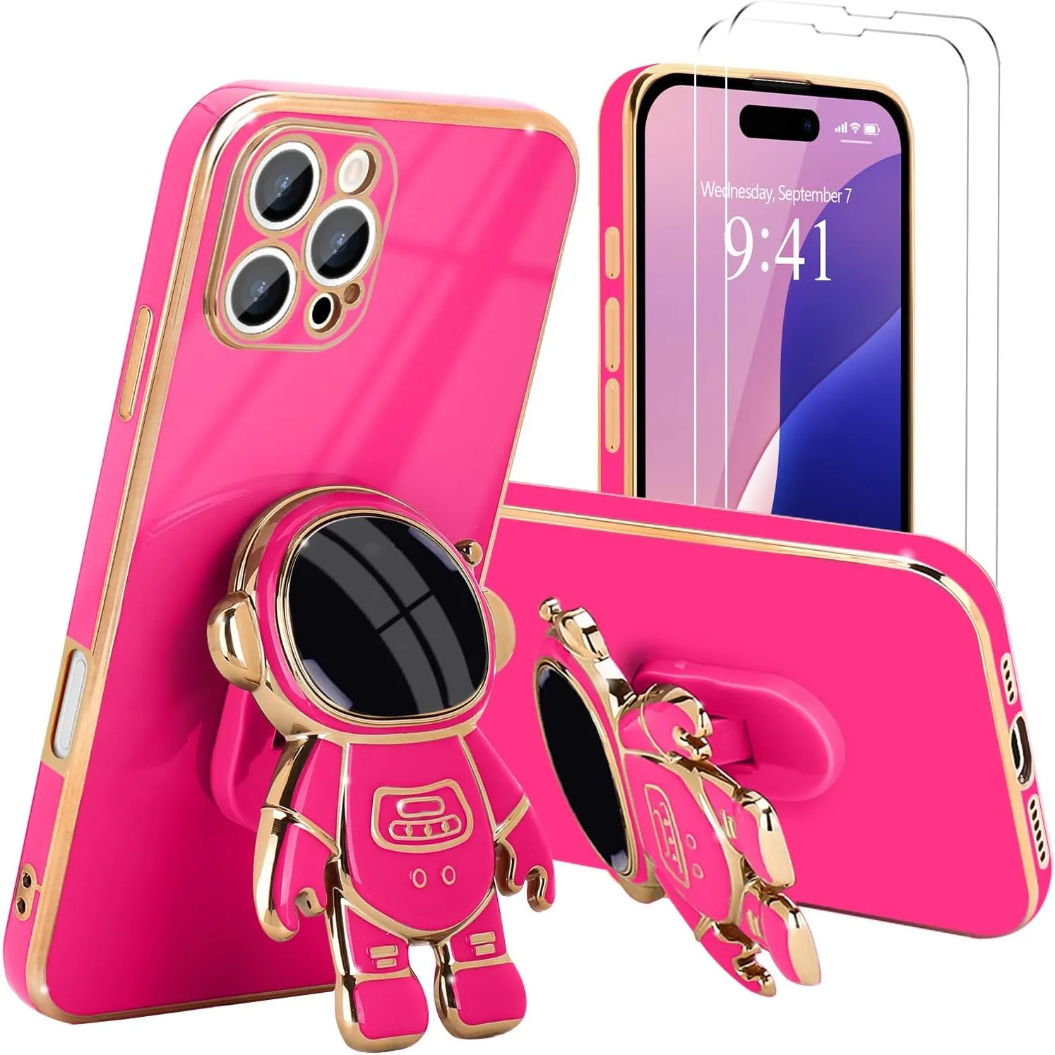 iPhone 16 Case Cute 3D Astronaut Stand Bling Silicone Soft Phone Back Cover Hot Pink