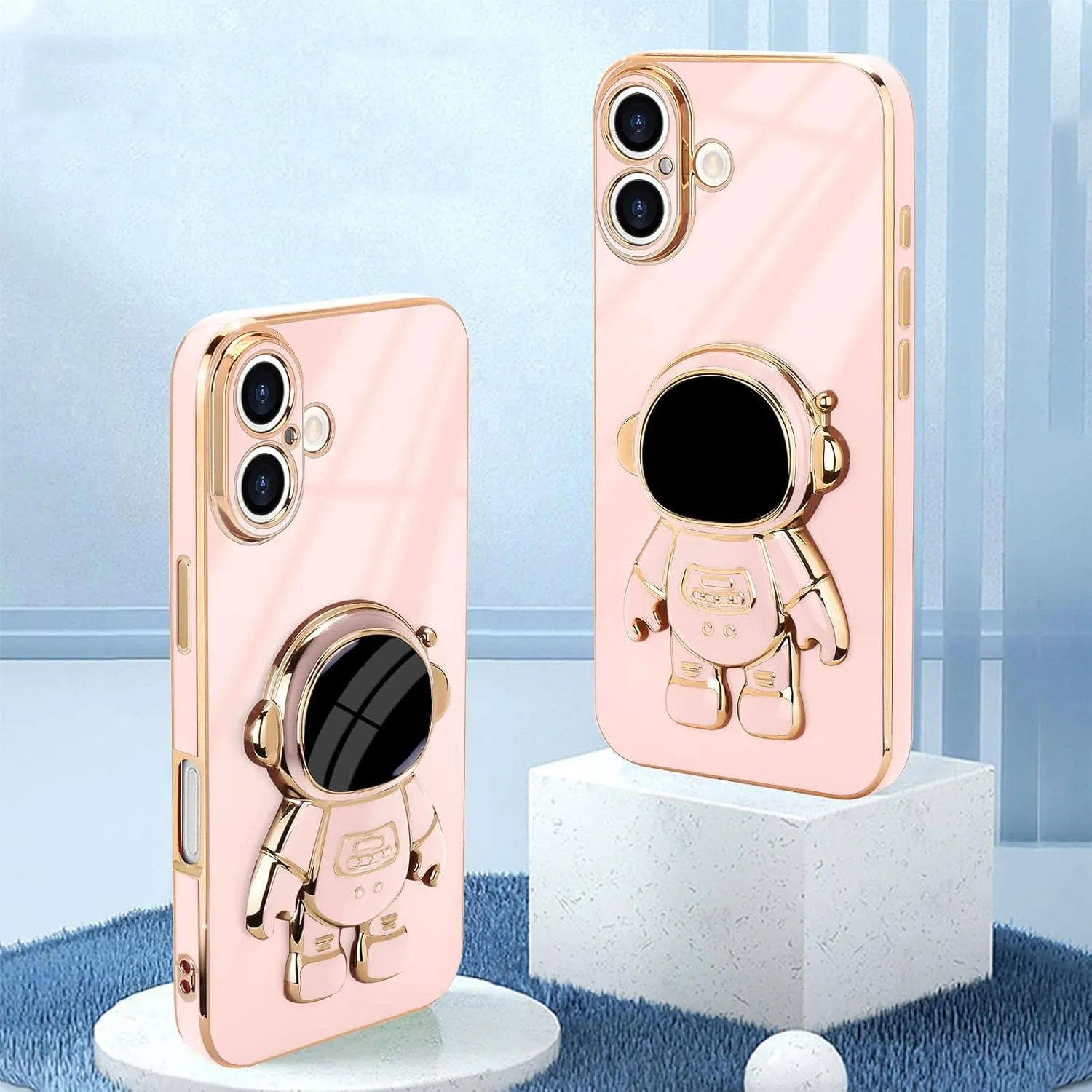 iPhone 16 Case Cute 3D Astronaut Stand Bling Silicone Soft Phone Back Cover Hot Pink