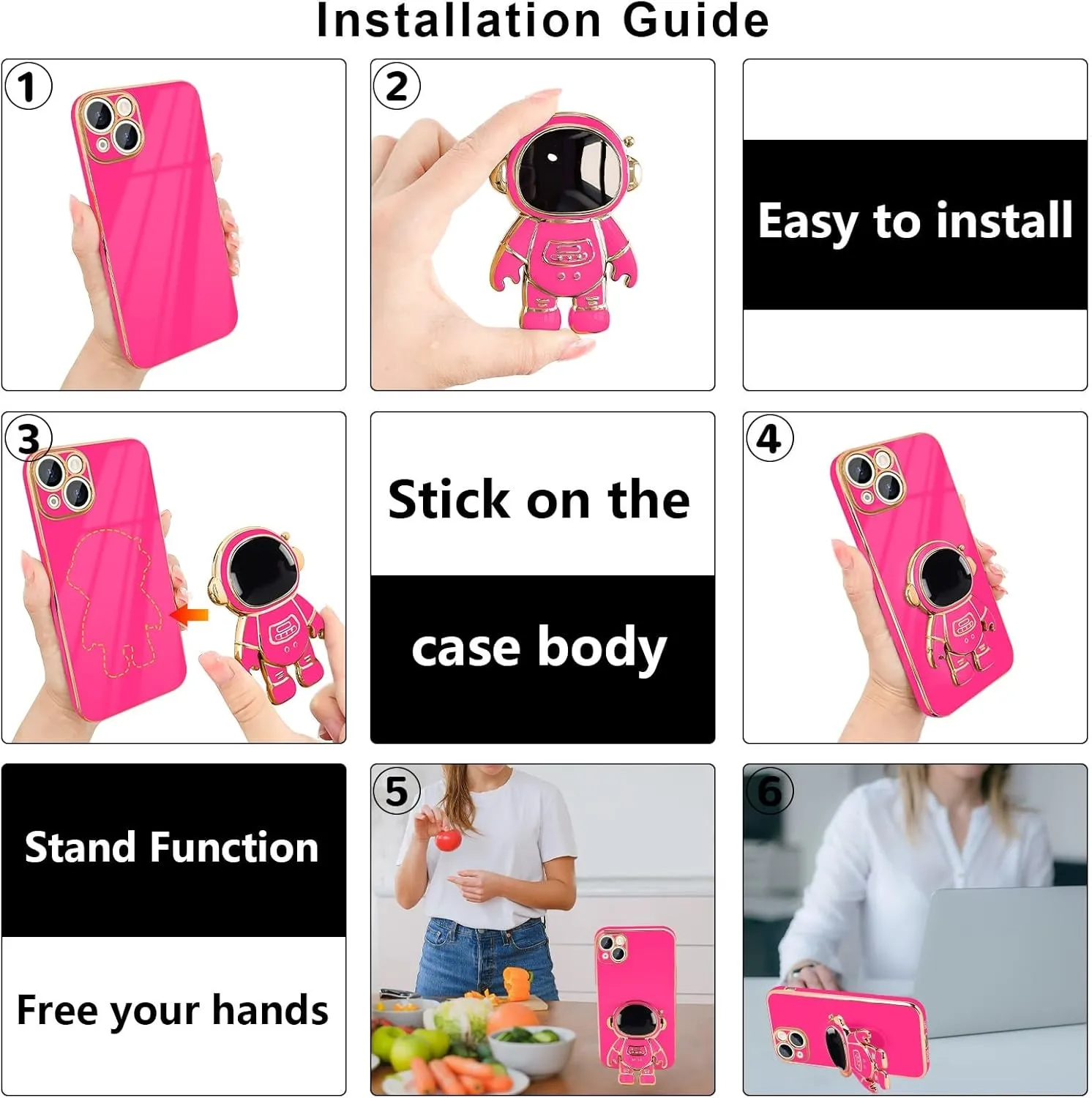 iPhone 16 Case Cute 3D Astronaut Stand Bling Silicone Soft Phone Back Cover Hot Pink