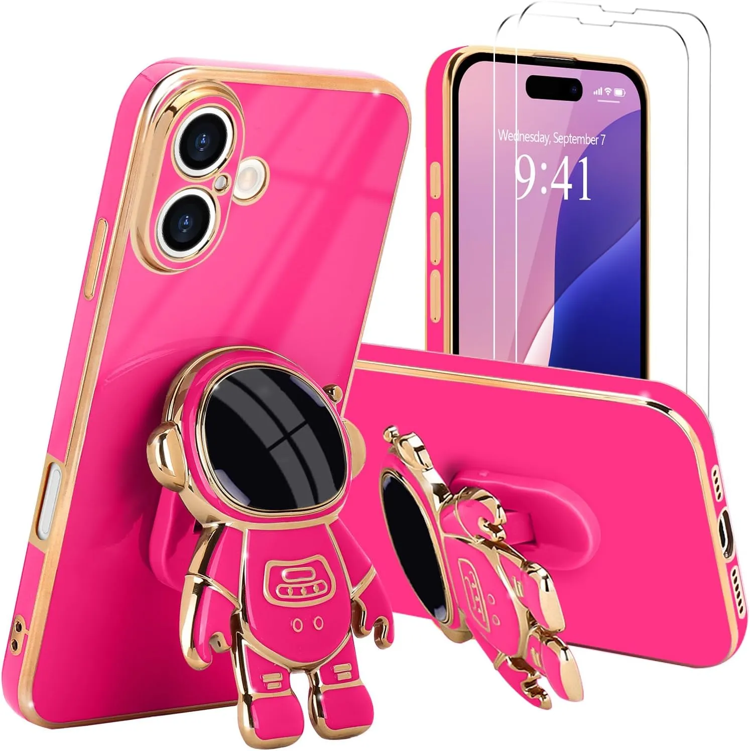 iPhone 16 Case Cute 3D Astronaut Stand Bling Silicone Soft Phone Back Cover Hot Pink