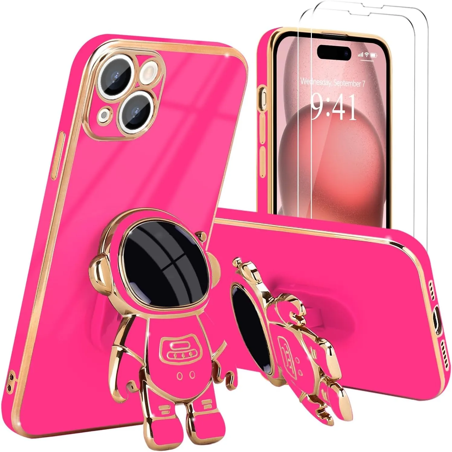 iPhone 16 Case Cute 3D Astronaut Stand Bling Silicone Soft Phone Back Cover Hot Pink