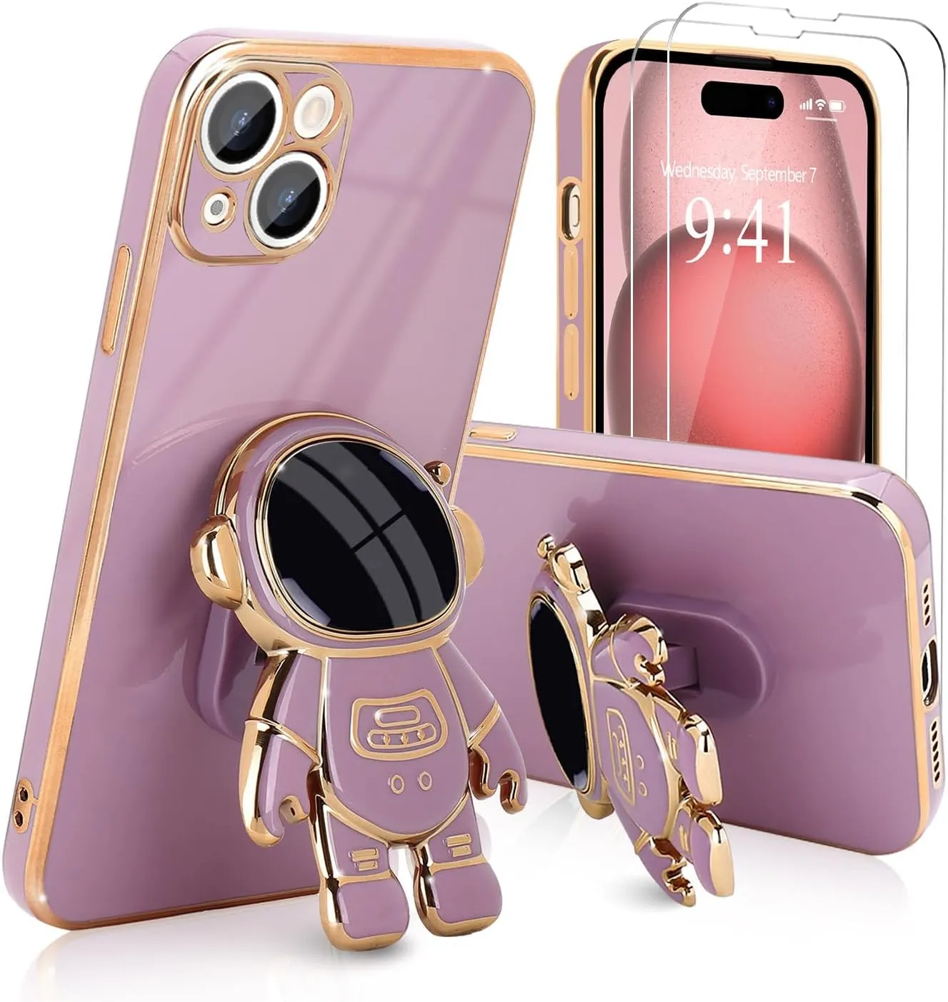 iPhone 16 Case Cute 3D Astronaut Stand Bling Silicone Soft Phone Back Cover Hot Pink