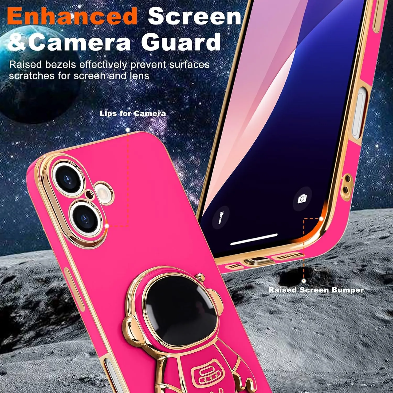 iPhone 16 Case Cute 3D Astronaut Stand Bling Silicone Soft Phone Back Cover Hot Pink