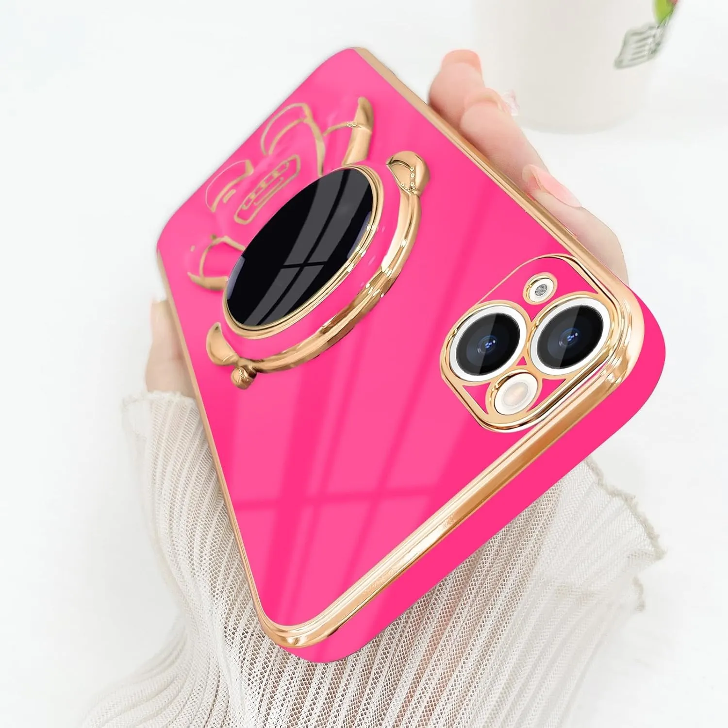 iPhone 16 Case Cute 3D Astronaut Stand Bling Silicone Soft Phone Back Cover Hot Pink