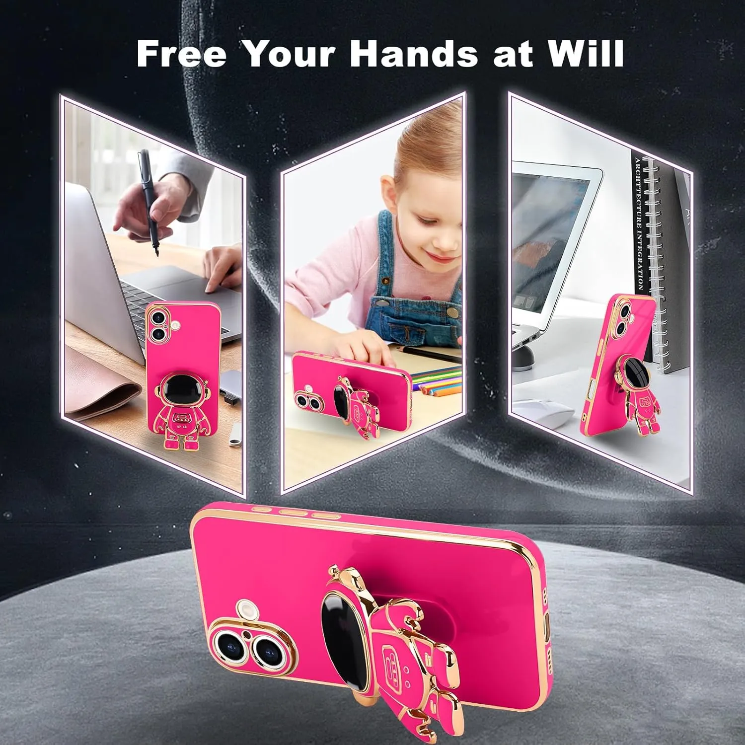 iPhone 16 Case Cute 3D Astronaut Stand Bling Silicone Soft Phone Back Cover Hot Pink