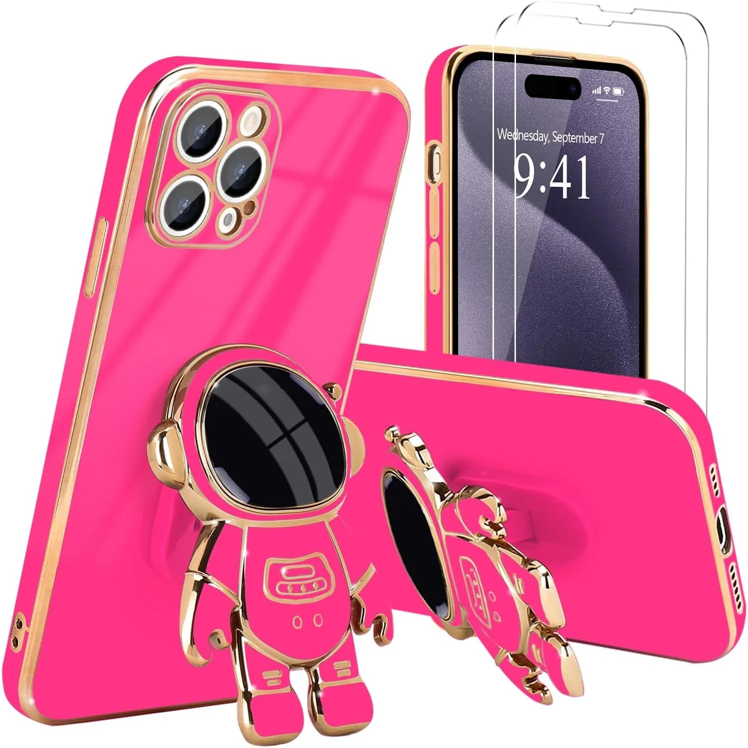 iPhone 16 Case Cute 3D Astronaut Stand Bling Silicone Soft Phone Back Cover Hot Pink