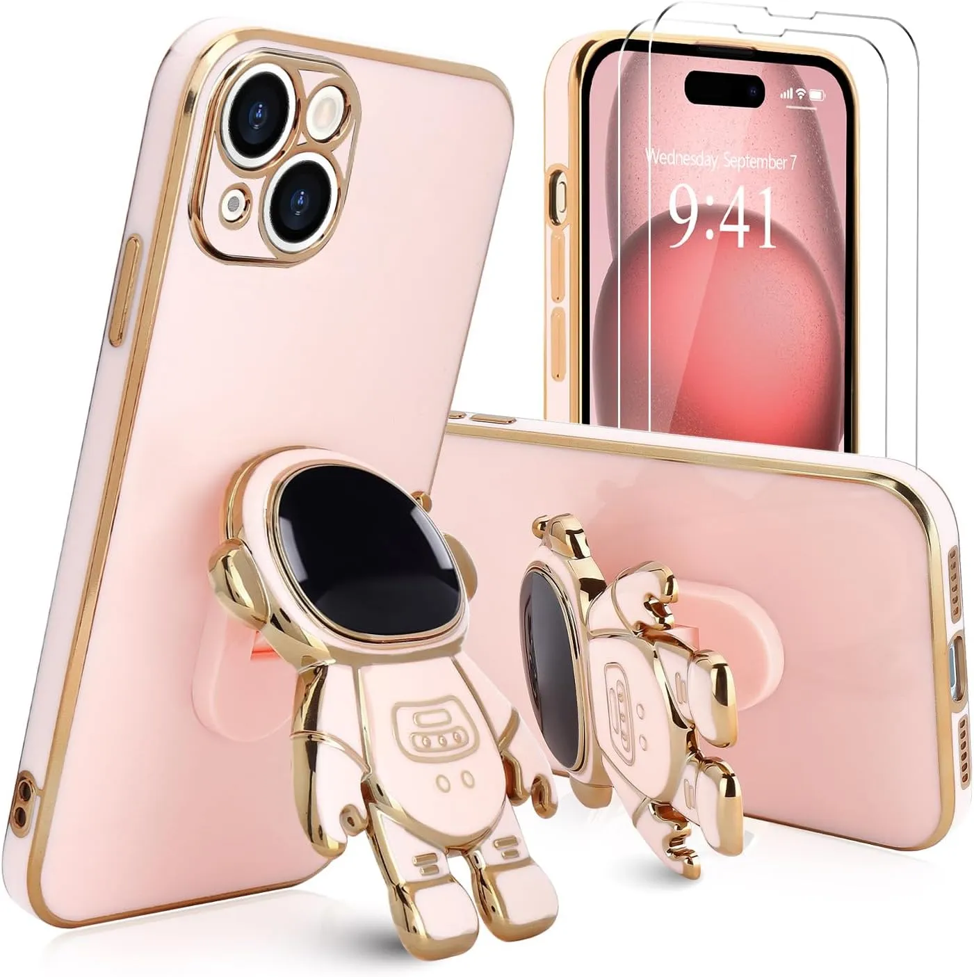 iPhone 16 Case Cute 3D Astronaut Stand Bling Silicone Soft Phone Back Cover Hot Pink