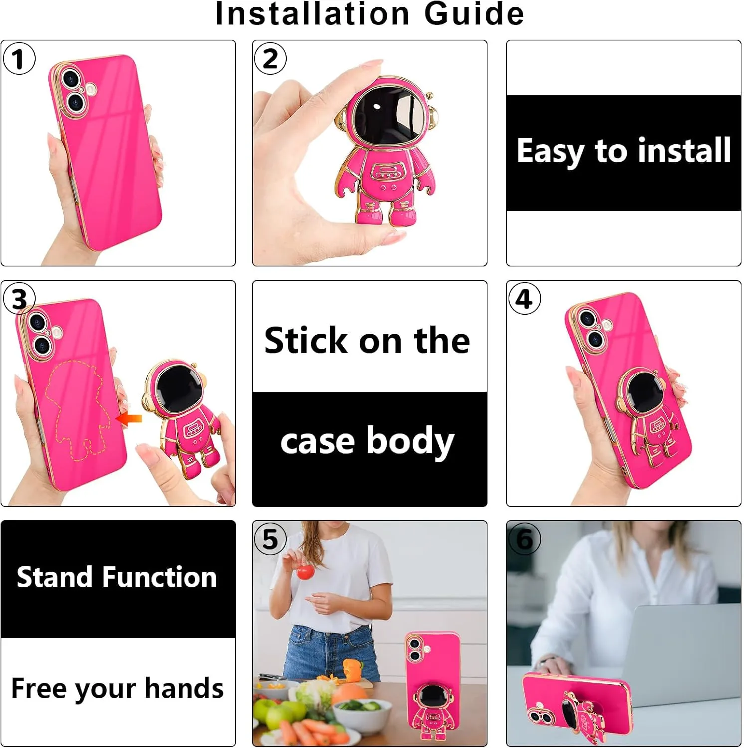 iPhone 16 Case Cute 3D Astronaut Stand Bling Silicone Soft Phone Back Cover Hot Pink