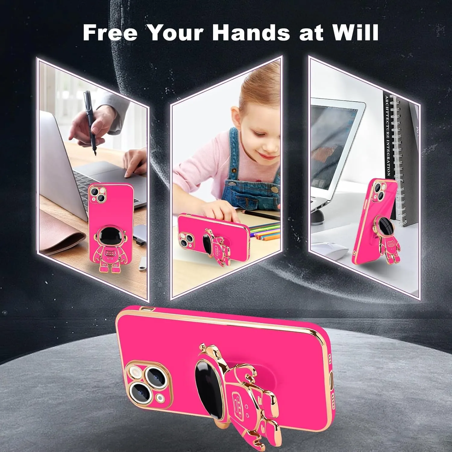 iPhone 16 Case Cute 3D Astronaut Stand Bling Silicone Soft Phone Back Cover Hot Pink