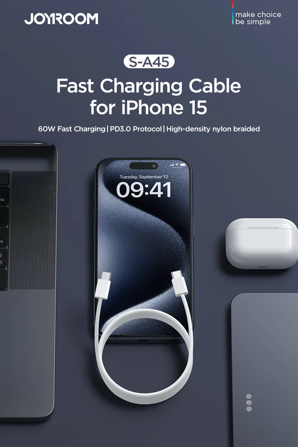 JOYROOM S-A45 Ben Series Braided 60W Fast Charging Data Cable (Type-C to Type-C) 1m