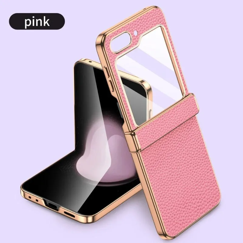 Leather Hinge Protection Phone Case With Tempered Flim For Samsung Galaxy Z Flip 5