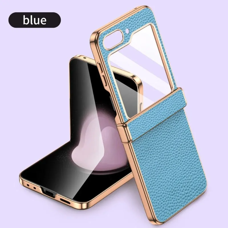 Leather Hinge Protection Phone Case With Tempered Flim For Samsung Galaxy Z Flip 5