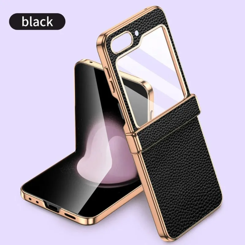 Leather Hinge Protection Phone Case With Tempered Flim For Samsung Galaxy Z Flip 5