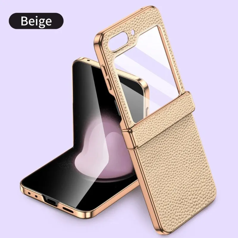 Leather Hinge Protection Phone Case With Tempered Flim For Samsung Galaxy Z Flip 5