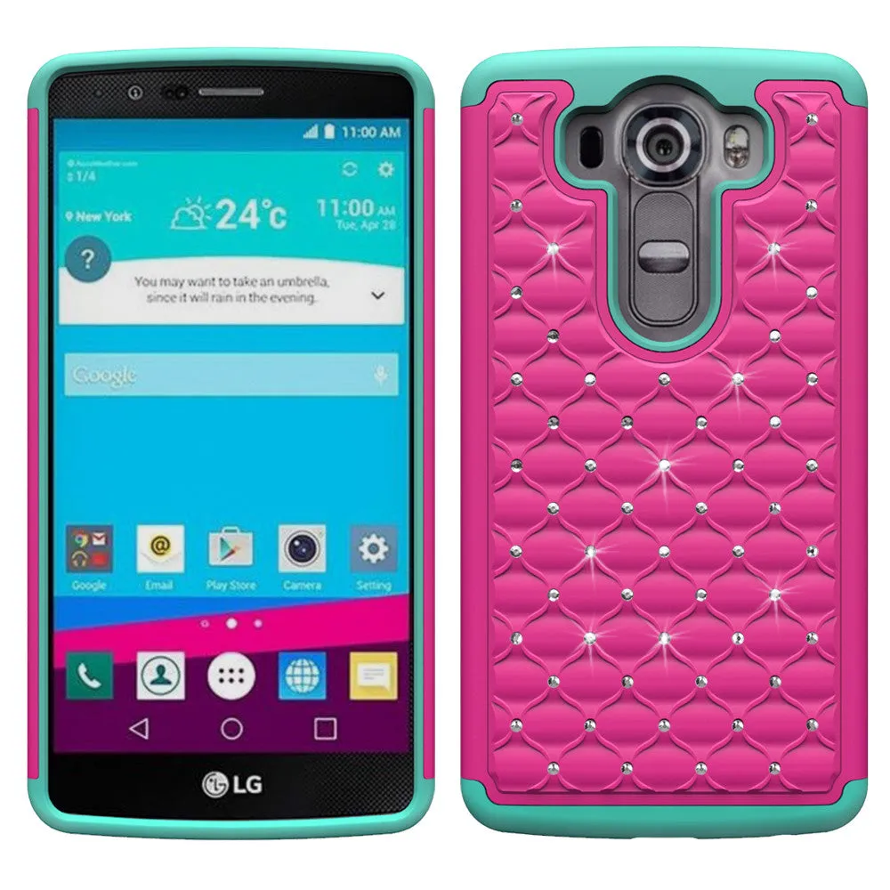 LG V10 Case , Slim Hybrid Dual Layer[Shock Resistant] Crystal Rhinestone Studded Case Cover - Hot Pink/Teal