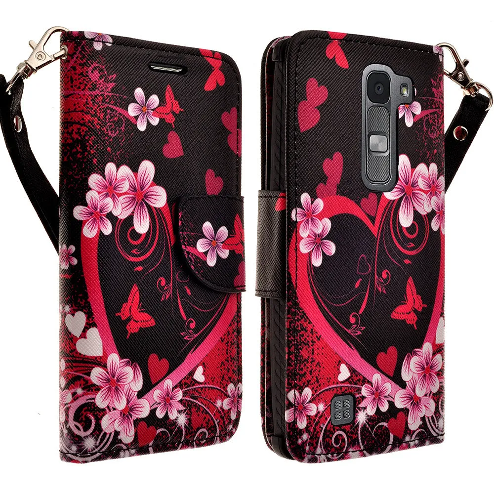 LG Volt2 Case,  LG LS751 Case Wrist Strap Pu Leather Magnetic Flip Fold[Kickstand] Wallet Case with ID & Card Slots for LG Volt2 - Heart Butterflies