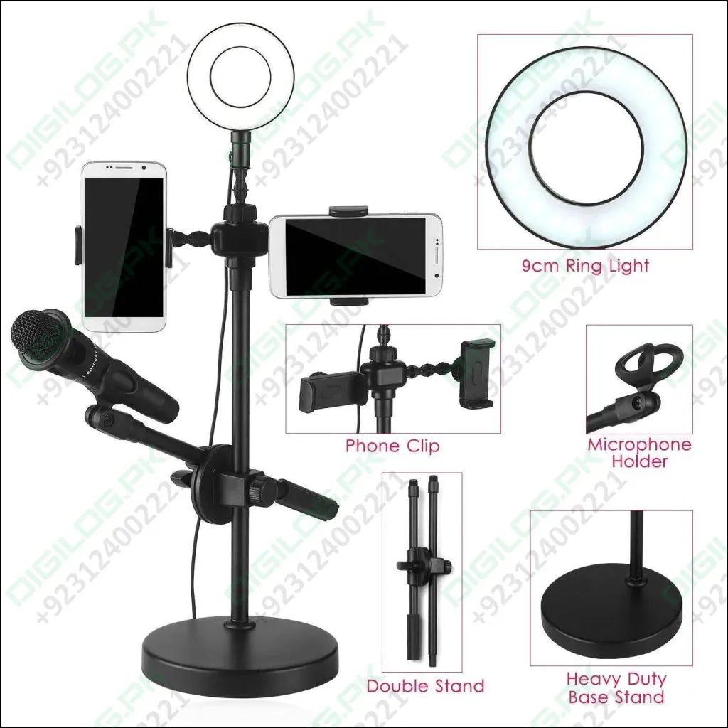 Live Stream Ring Light With Phone Holder And Microphone Stand 3 Light Modes 9 Brightness Level