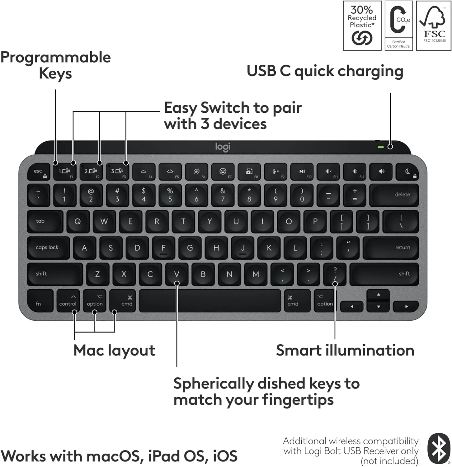 Logitech MX MECHANICAL Mini for Mac Wireless Keyboard 精簡炫光高效鍵盤 (English Version) - Space Gray 太空灰 920-010838 原裝行貨