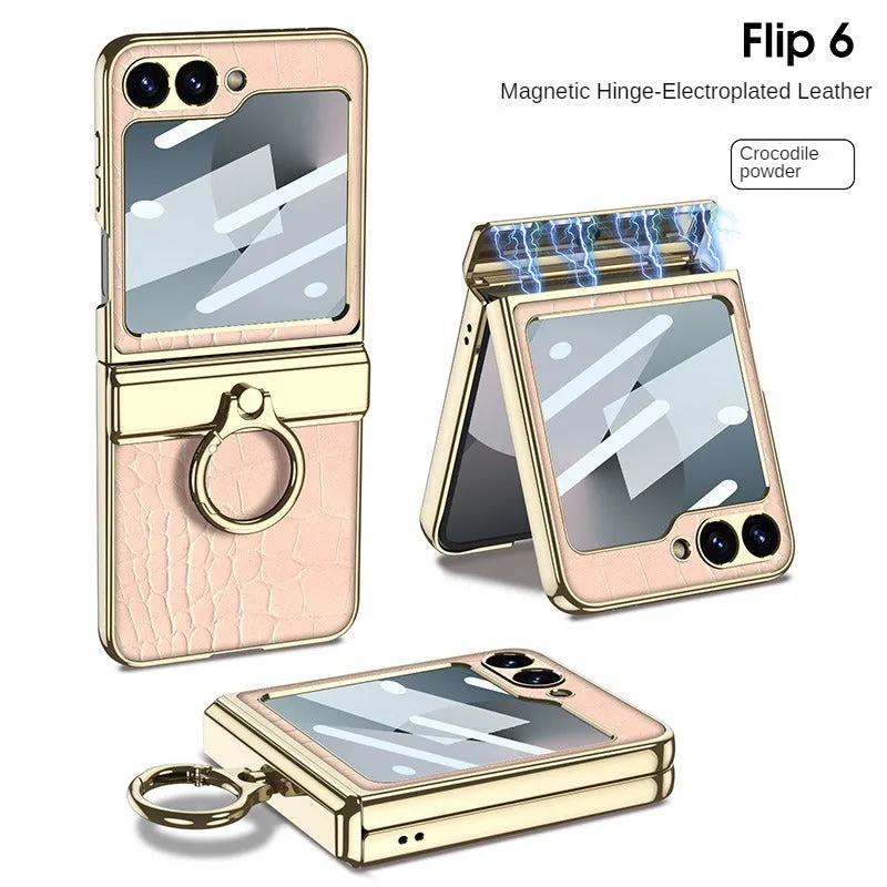 Luxury Plating Leather Case With Film Screen Magnetic Hinge Leather Ring Holder For Samsung Galaxy Z Flip 6