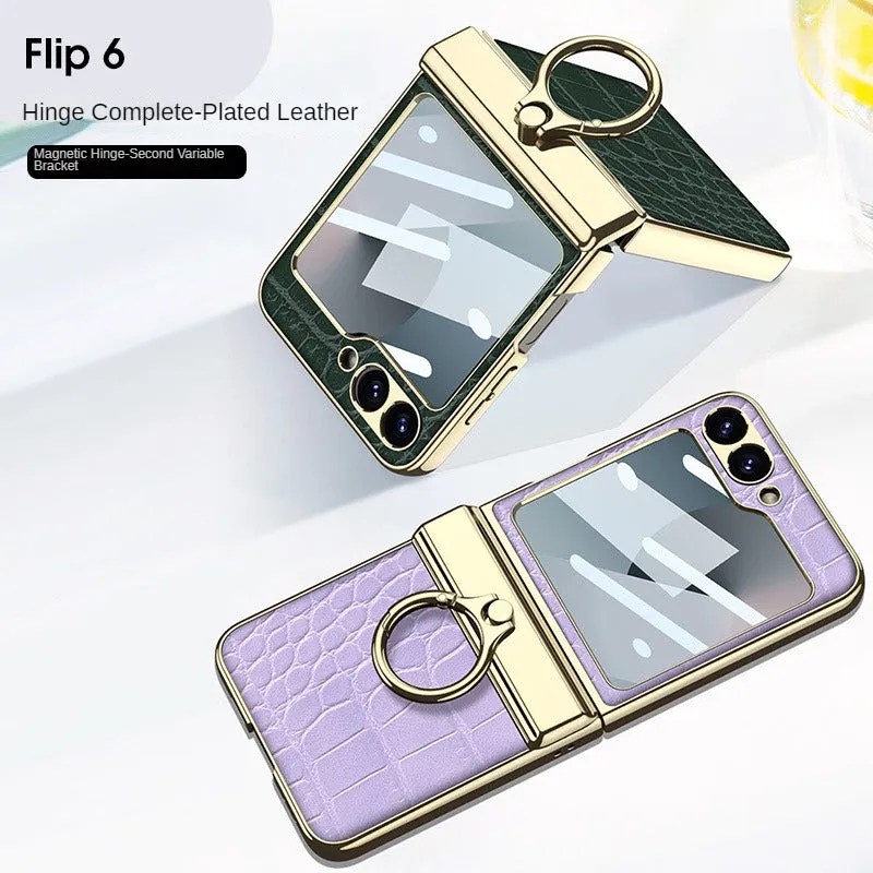 Luxury Plating Leather Case With Film Screen Magnetic Hinge Leather Ring Holder For Samsung Galaxy Z Flip 6