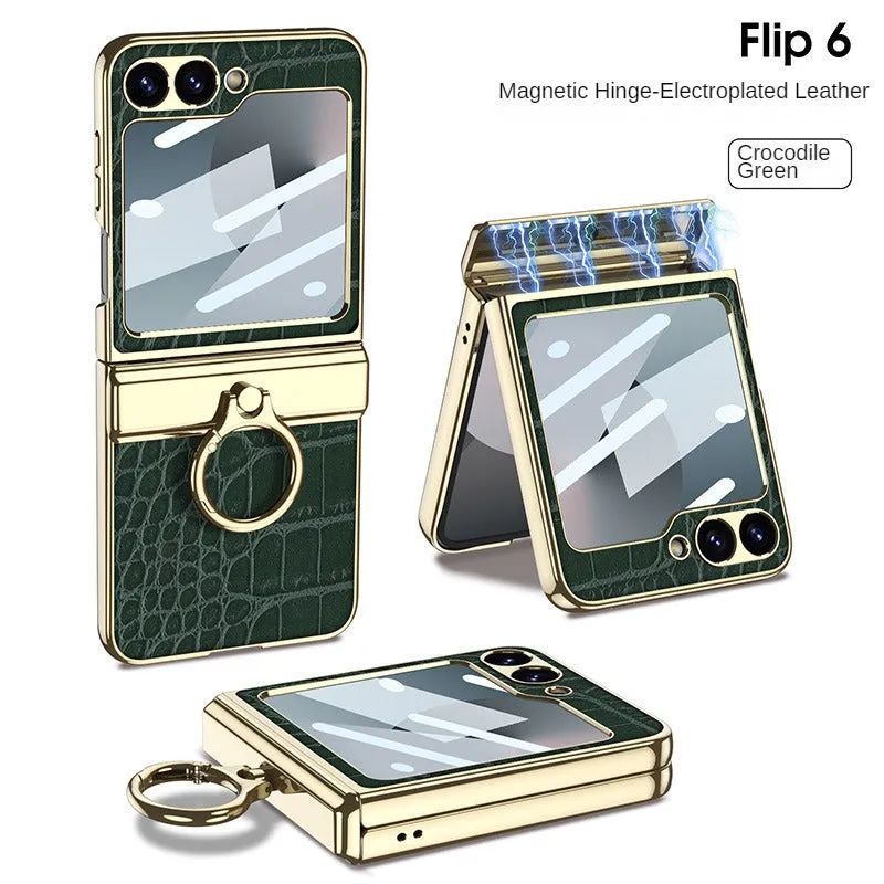 Luxury Plating Leather Case With Film Screen Magnetic Hinge Leather Ring Holder For Samsung Galaxy Z Flip 6