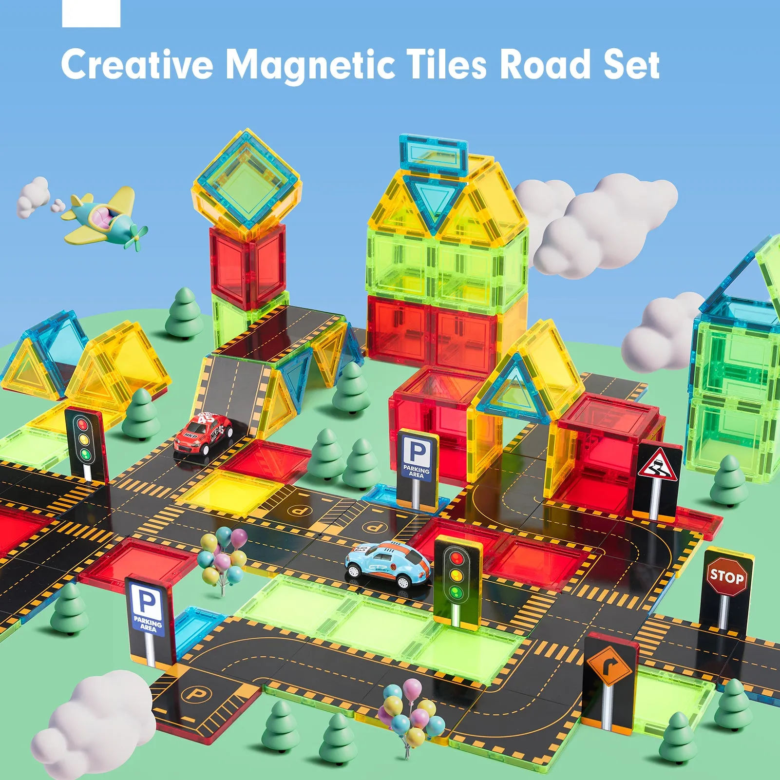 Magnetic Tiles Road Toppers with Cars for 3-5