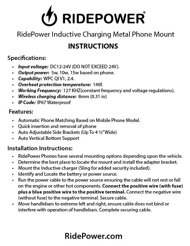 Metal Inductive Wireless charging Phone Mount with 1 1/2" Handlebar Adapter, articulating ball mounting & Quick Disconnect Power Cable