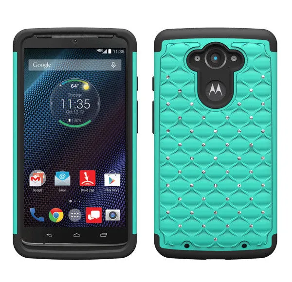 Motorola Droid Turbo | Motorola Moto Maxx | Motorola XT1254 Rhinestone Case , Slim Hybrid Dual Layer[Shock Resistant] Crystal Rhinestone Studded Case Cover - Teal/Black