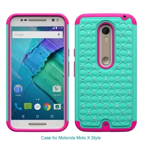 Motorola Moto X Style Rhinestone Case , Slim Hybrid Dual Layer[Shock Resistant] Crystal Rhinestone Studded Case Cover - Teal/Hot Pink