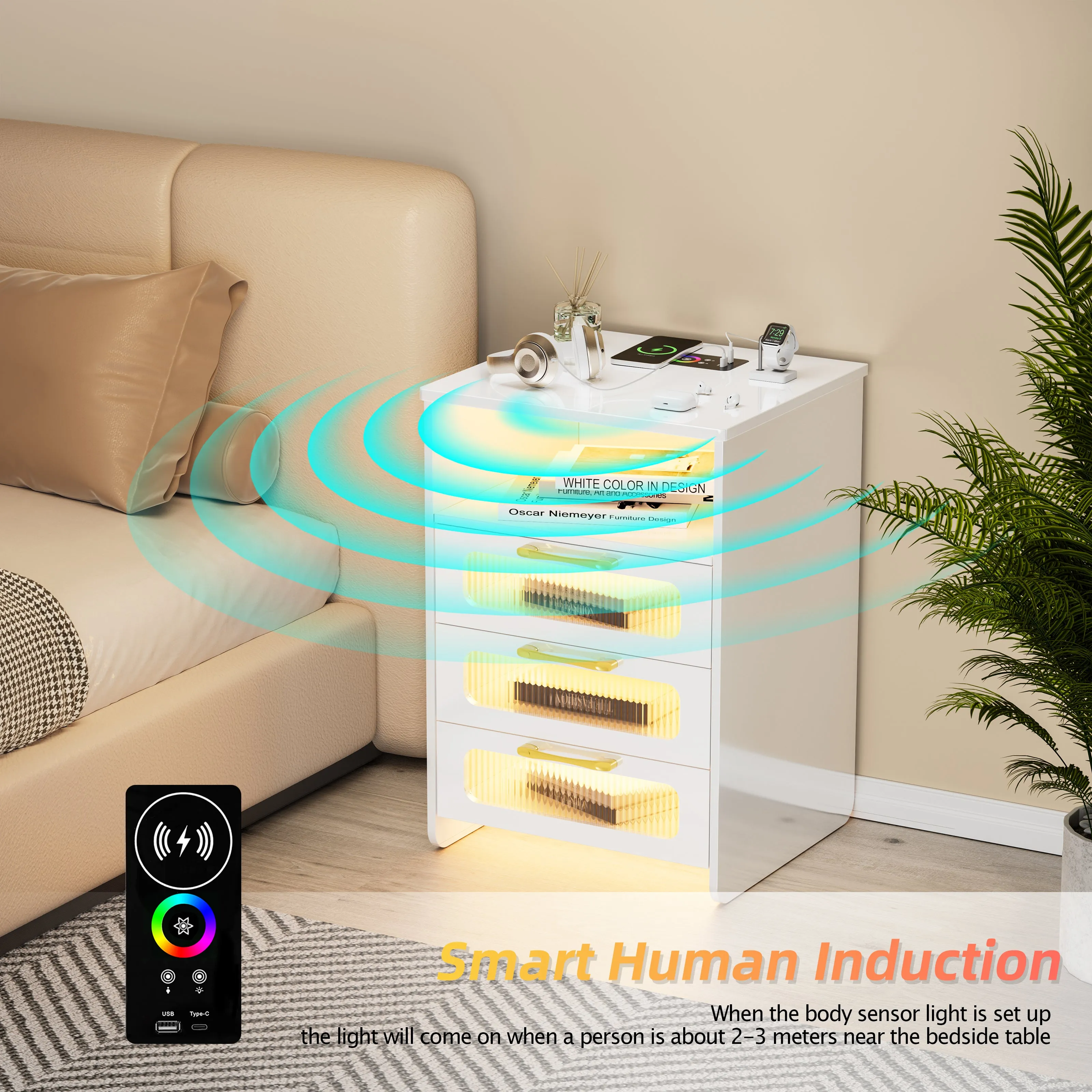 Nightstand with LED Lights and  Wireless Charging Station