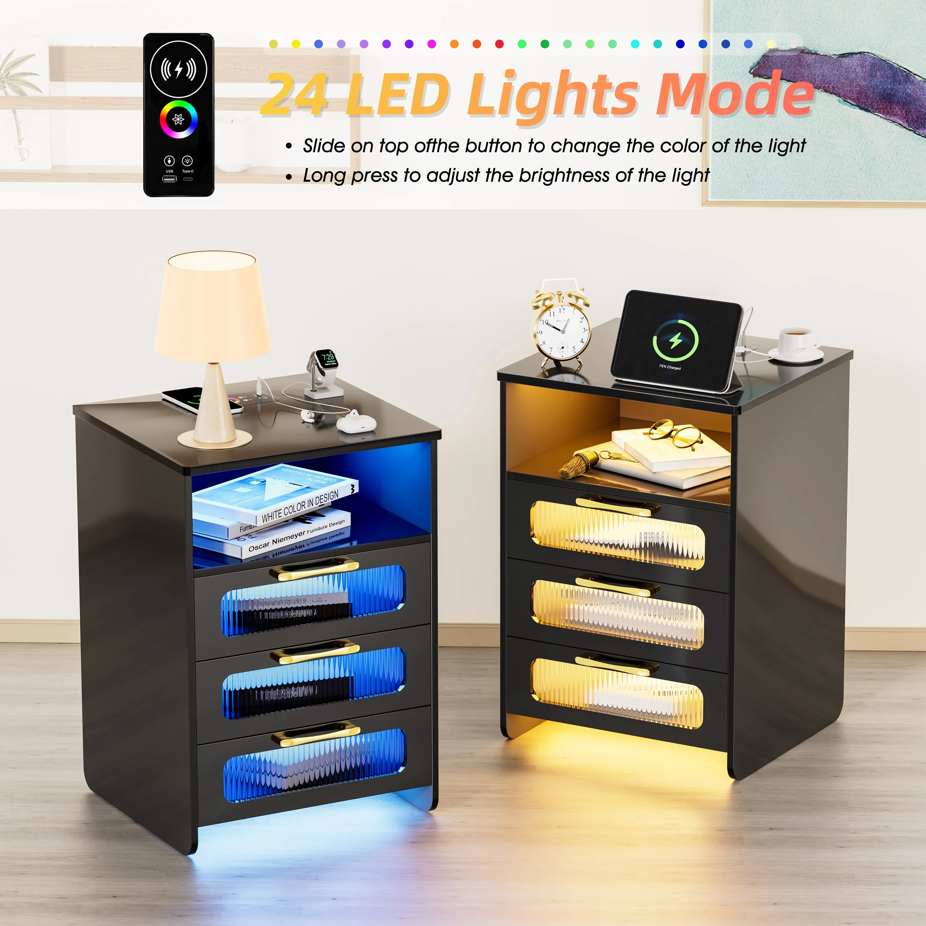 Nightstand with LED Lights and  Wireless Charging Station