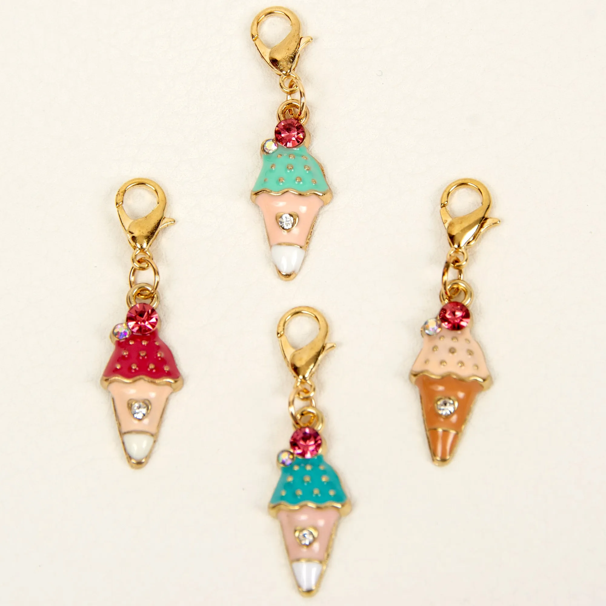 Pink Enamel Ice Cream Cone Charm with Rhinestone Accents