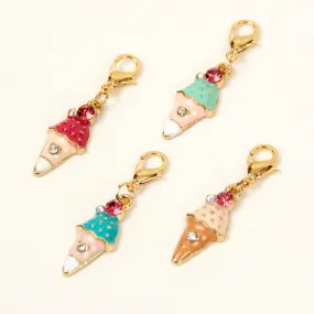 Pink Enamel Ice Cream Cone Charm with Rhinestone Accents