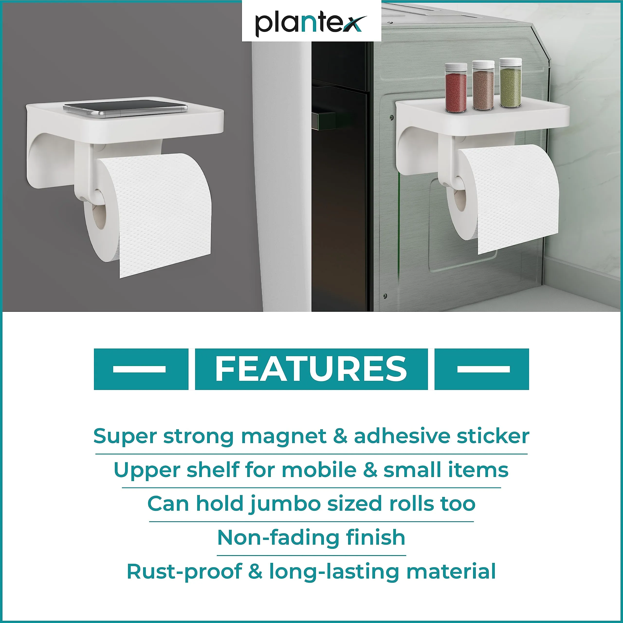 Plantex ABS Plastic Toilet Paper Holder for Bathroom/Magnetic and Shelf-Adhesive Tissue Paper Roll Holder Stand for Toilet - Pack of 1 (White)