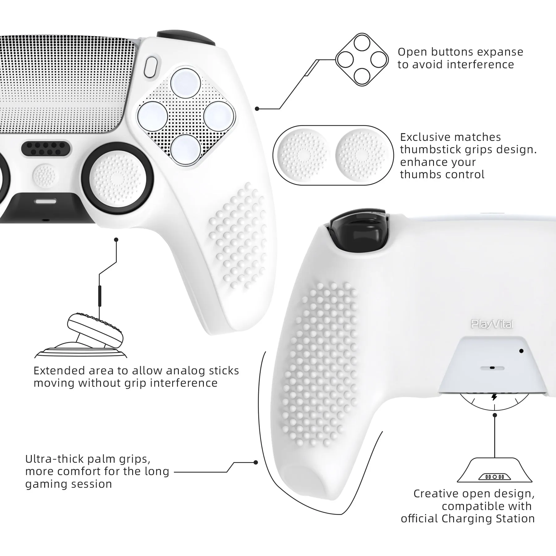 PlayVital 2 Set Upgraded 3D Studded Edition White Silicone Cover Skin for PS5 Controller with 6 Thumb Grips & 2 Stickers, Anti-Slip Shockproof Controller Grip Case - Compatible with Charging Dock - TVAPFP008