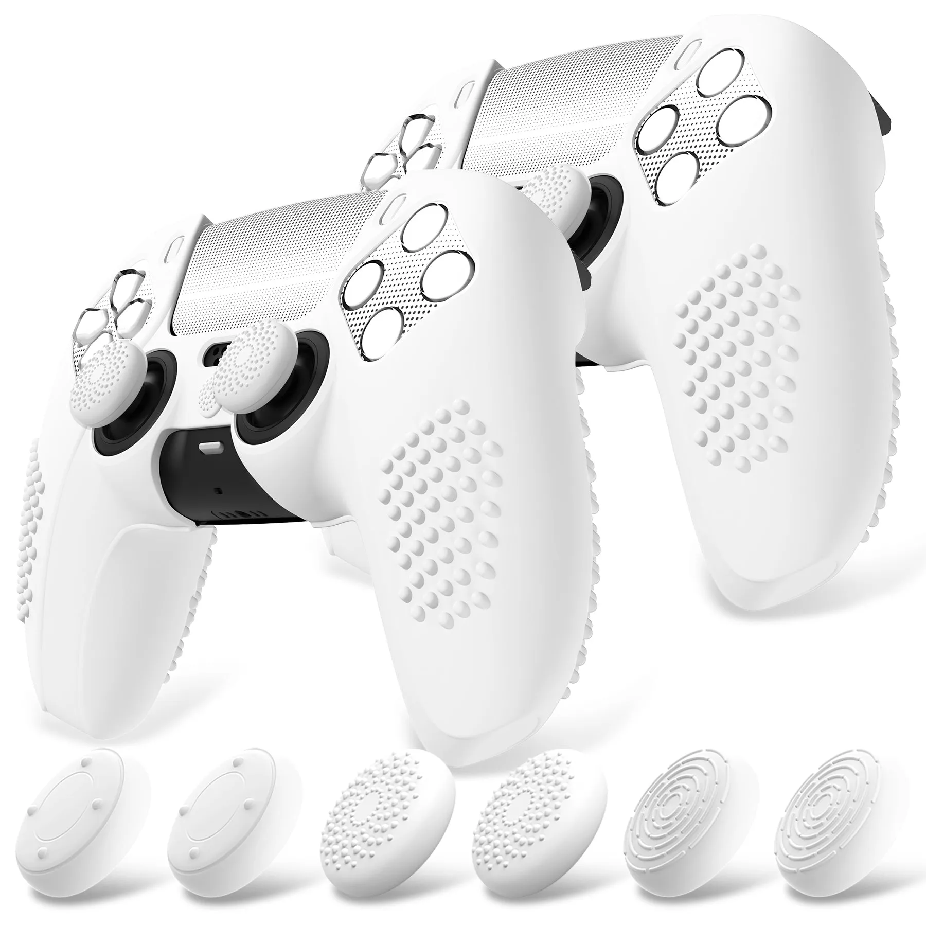 PlayVital 2 Set Upgraded 3D Studded Edition White Silicone Cover Skin for PS5 Controller with 6 Thumb Grips & 2 Stickers, Anti-Slip Shockproof Controller Grip Case - Compatible with Charging Dock - TVAPFP008