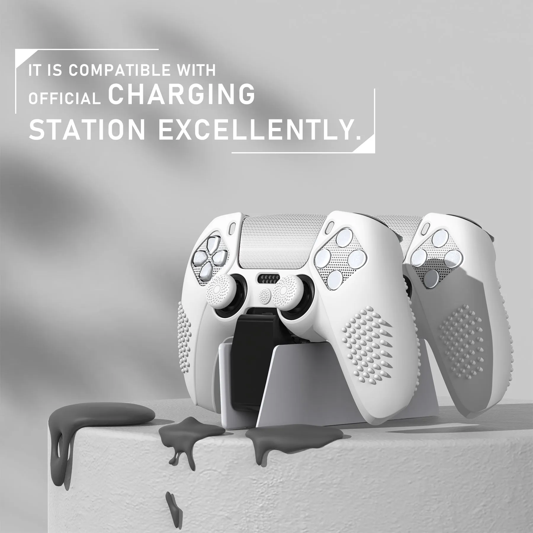 PlayVital 2 Set Upgraded 3D Studded Edition White Silicone Cover Skin for PS5 Controller with 6 Thumb Grips & 2 Stickers, Anti-Slip Shockproof Controller Grip Case - Compatible with Charging Dock - TVAPFP008