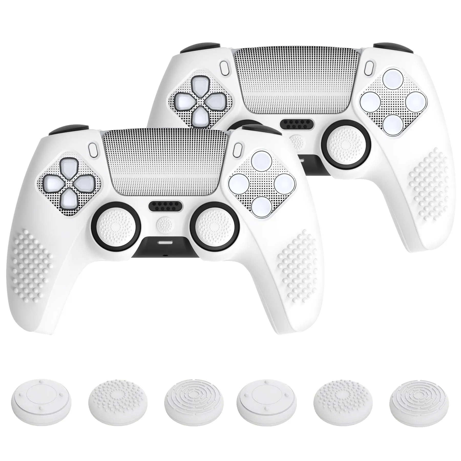 PlayVital 2 Set Upgraded 3D Studded Edition White Silicone Cover Skin for PS5 Controller with 6 Thumb Grips & 2 Stickers, Anti-Slip Shockproof Controller Grip Case - Compatible with Charging Dock - TVAPFP008