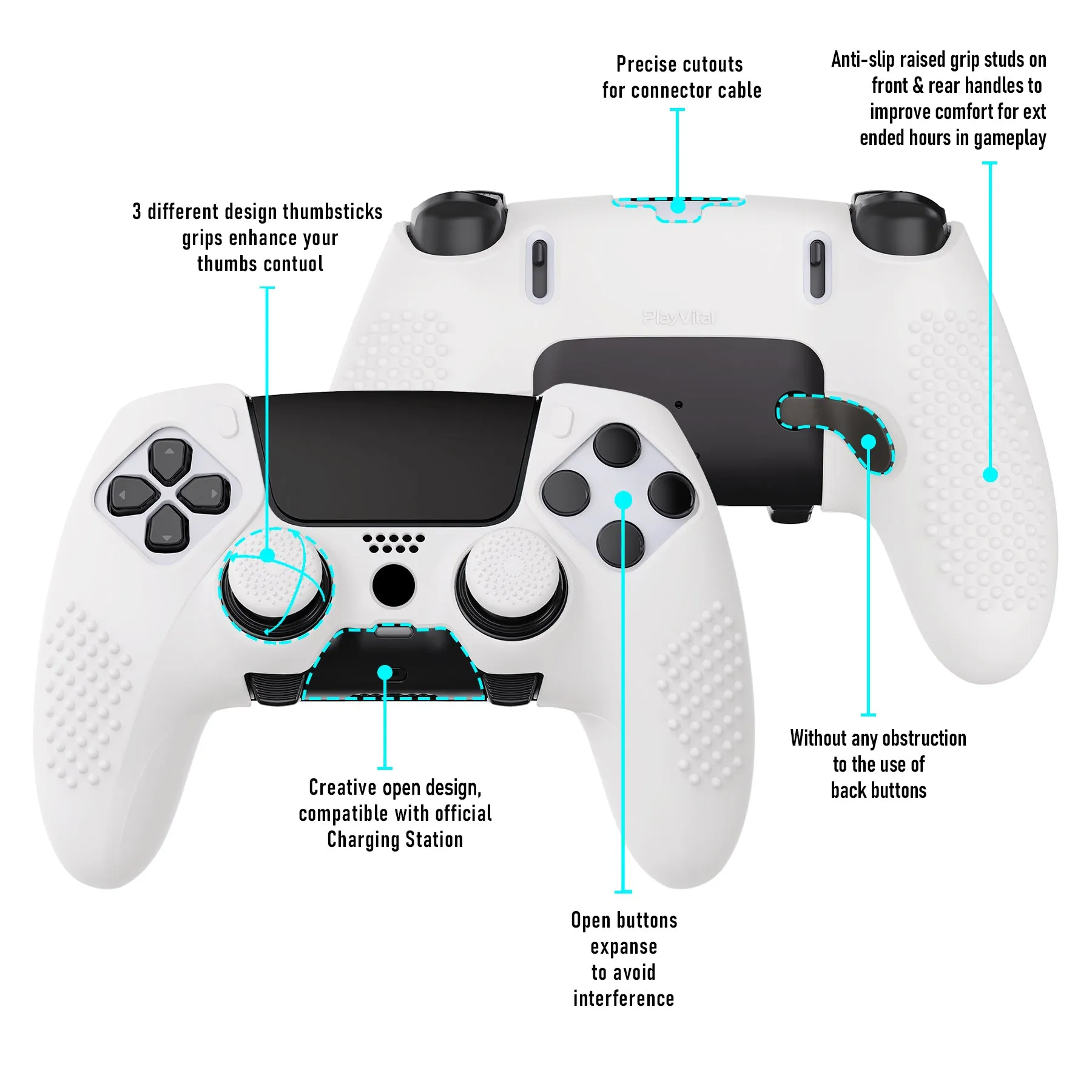 PlayVital 3D Studded Edition Anti-Slip Silicone Cover Case for ps5 Edge Controller, Soft Rubber Protector Skin for ps5 Edge Wireless Controller with 6 Thumb Grip Caps - White - ETPFP002