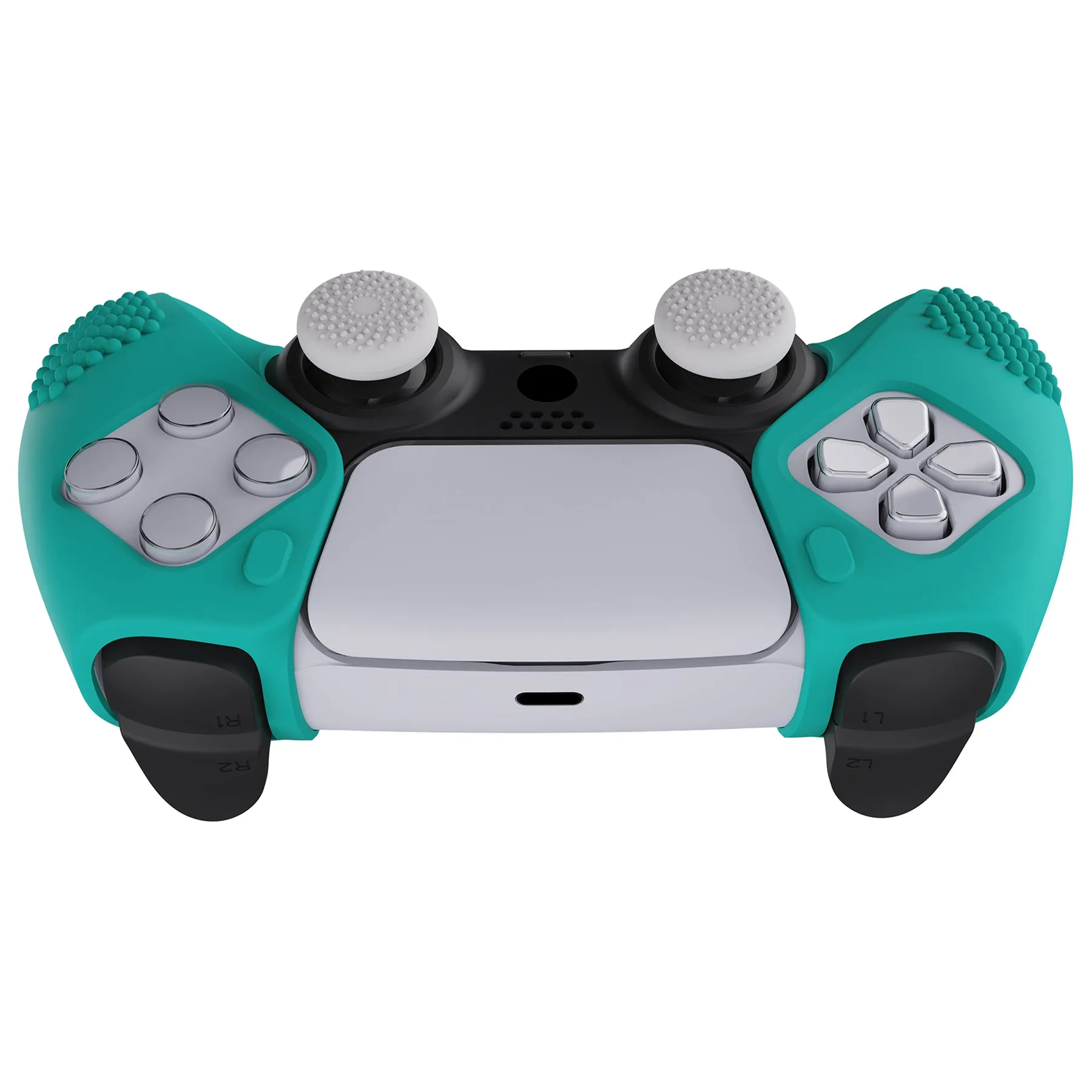 PlayVital 3D Studded Edition Aqua Green Ergonomic Soft Controller Silicone Case Grips for PS5, Rubber Protector Skins with 6 White Thumbstick Caps for PS5 Controller – Compatible with Charging Station - TDPF020