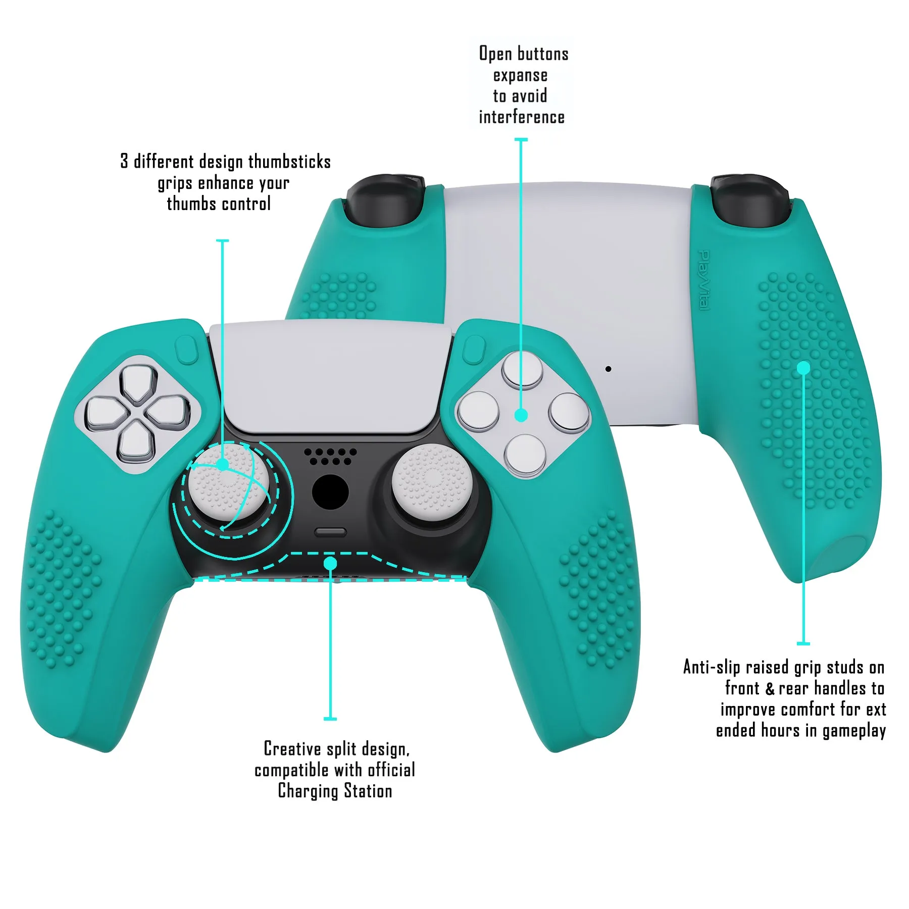 PlayVital 3D Studded Edition Aqua Green Ergonomic Soft Controller Silicone Case Grips for PS5, Rubber Protector Skins with 6 White Thumbstick Caps for PS5 Controller – Compatible with Charging Station - TDPF020