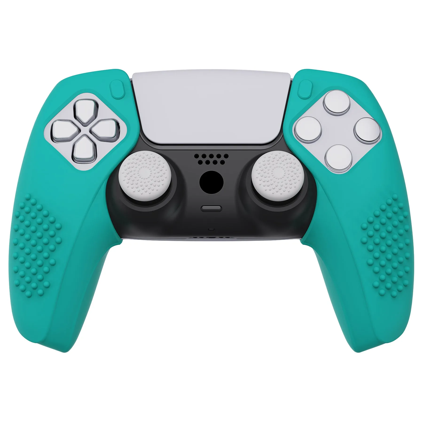 PlayVital 3D Studded Edition Aqua Green Ergonomic Soft Controller Silicone Case Grips for PS5, Rubber Protector Skins with 6 White Thumbstick Caps for PS5 Controller – Compatible with Charging Station - TDPF020