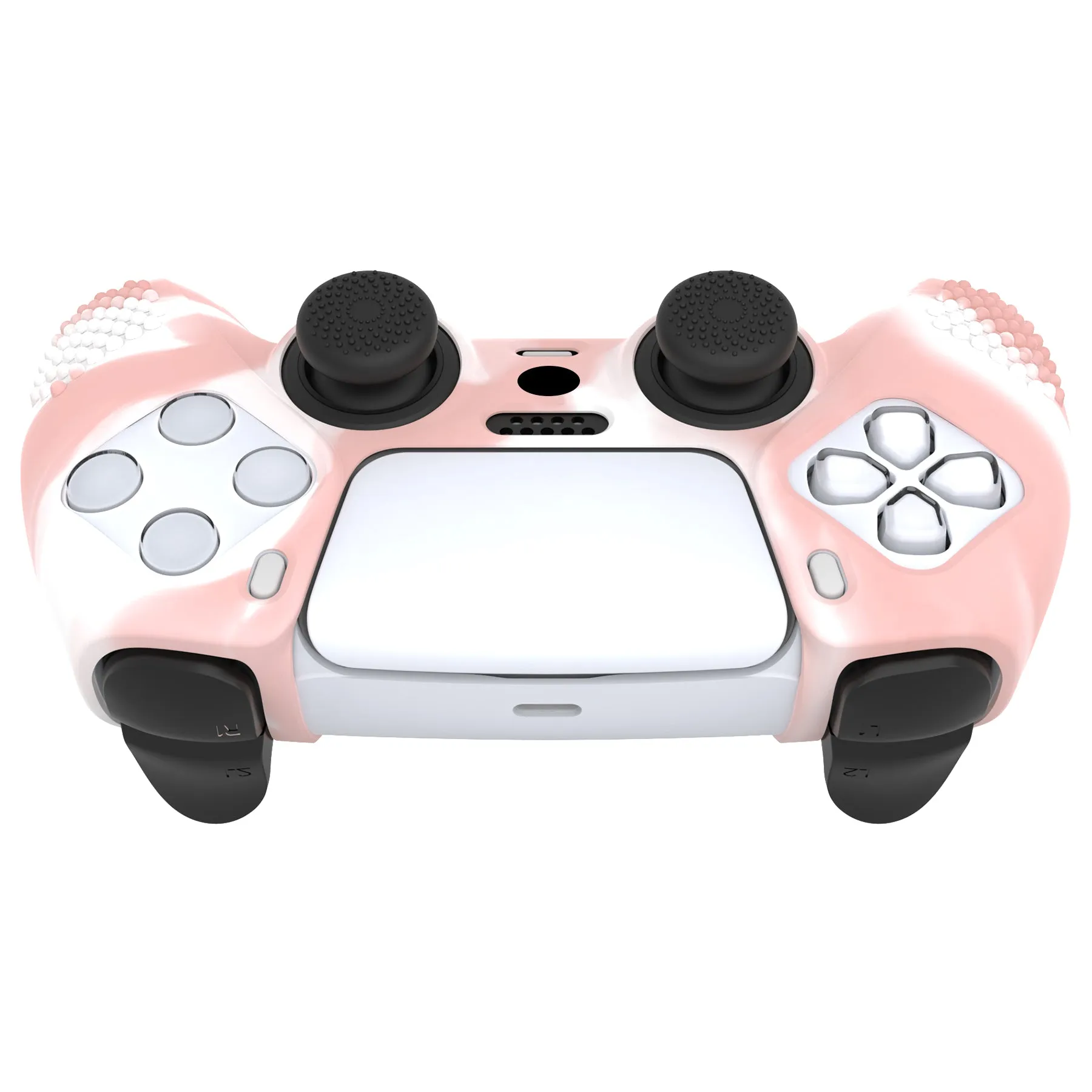 PlayVital 3D Studded Pink & White Ergonomic Soft Controller Silicone Case Grips for PS5, Rubber Protector Skins with 6 Black Thumbstick Caps for PS5 Controller - TDPF038