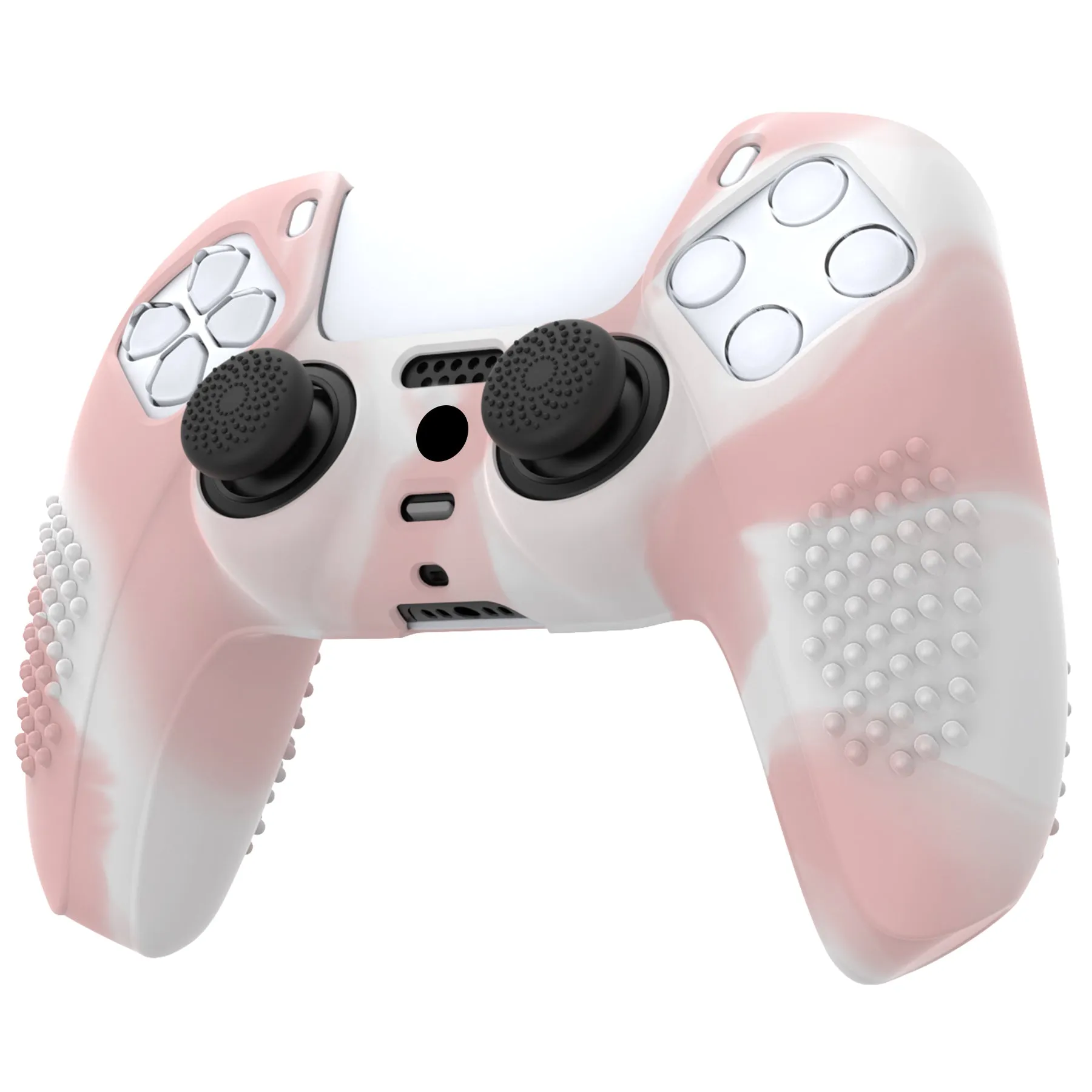 PlayVital 3D Studded Pink & White Ergonomic Soft Controller Silicone Case Grips for PS5, Rubber Protector Skins with 6 Black Thumbstick Caps for PS5 Controller - TDPF038