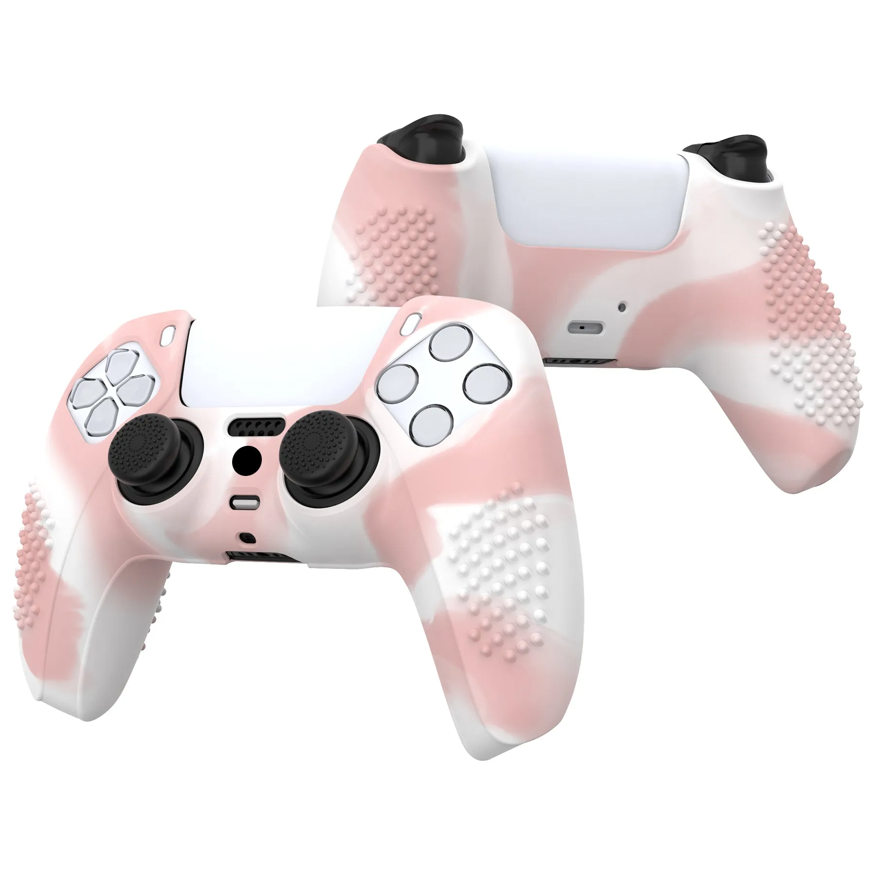 PlayVital 3D Studded Pink & White Ergonomic Soft Controller Silicone Case Grips for PS5, Rubber Protector Skins with 6 Black Thumbstick Caps for PS5 Controller - TDPF038