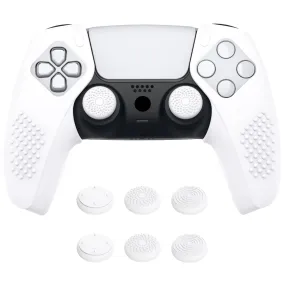 PlayVital 3D Studded White Ergonomic Soft Controller Silicone Case Grips for PS5, Rubber Protector Skins with 6 White Thumbstick Caps for PS5 Controller - Compatible with Charging Station - TDPF034