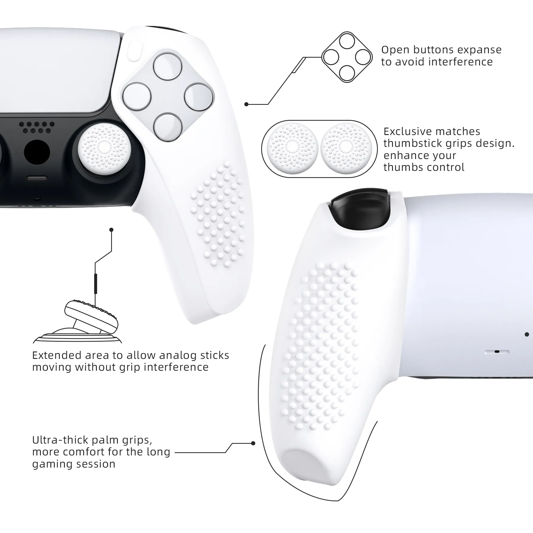 PlayVital 3D Studded White Ergonomic Soft Controller Silicone Case Grips for PS5, Rubber Protector Skins with 6 White Thumbstick Caps for PS5 Controller - Compatible with Charging Station - TDPF034