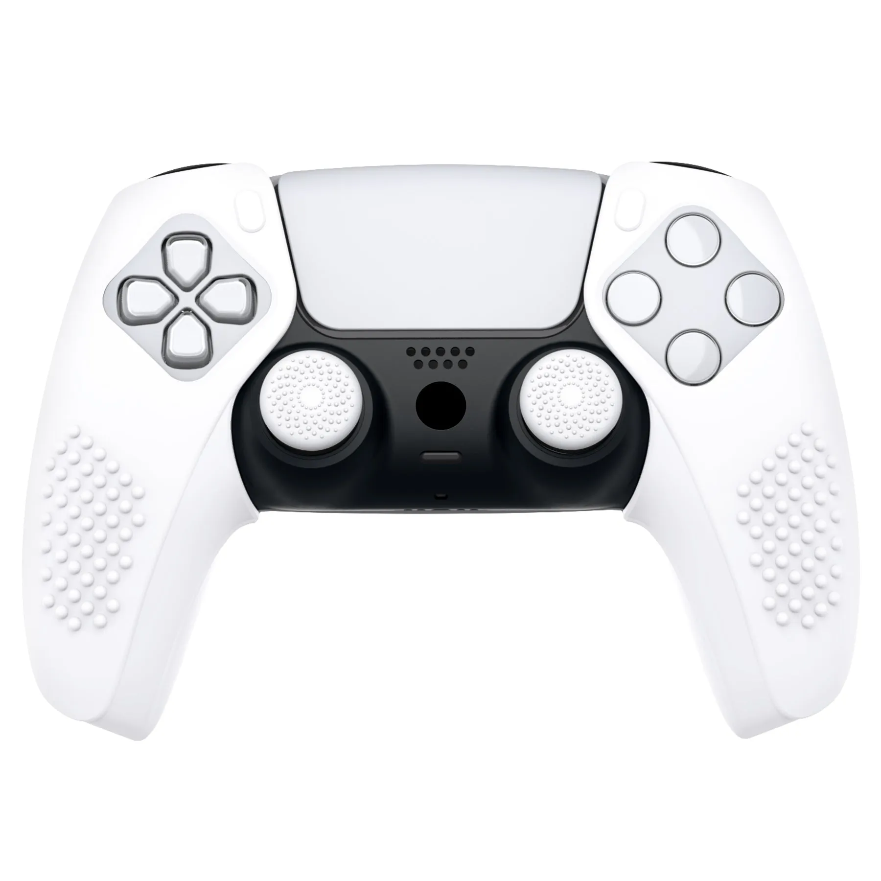 PlayVital 3D Studded White Ergonomic Soft Controller Silicone Case Grips for PS5, Rubber Protector Skins with 6 White Thumbstick Caps for PS5 Controller - Compatible with Charging Station - TDPF034